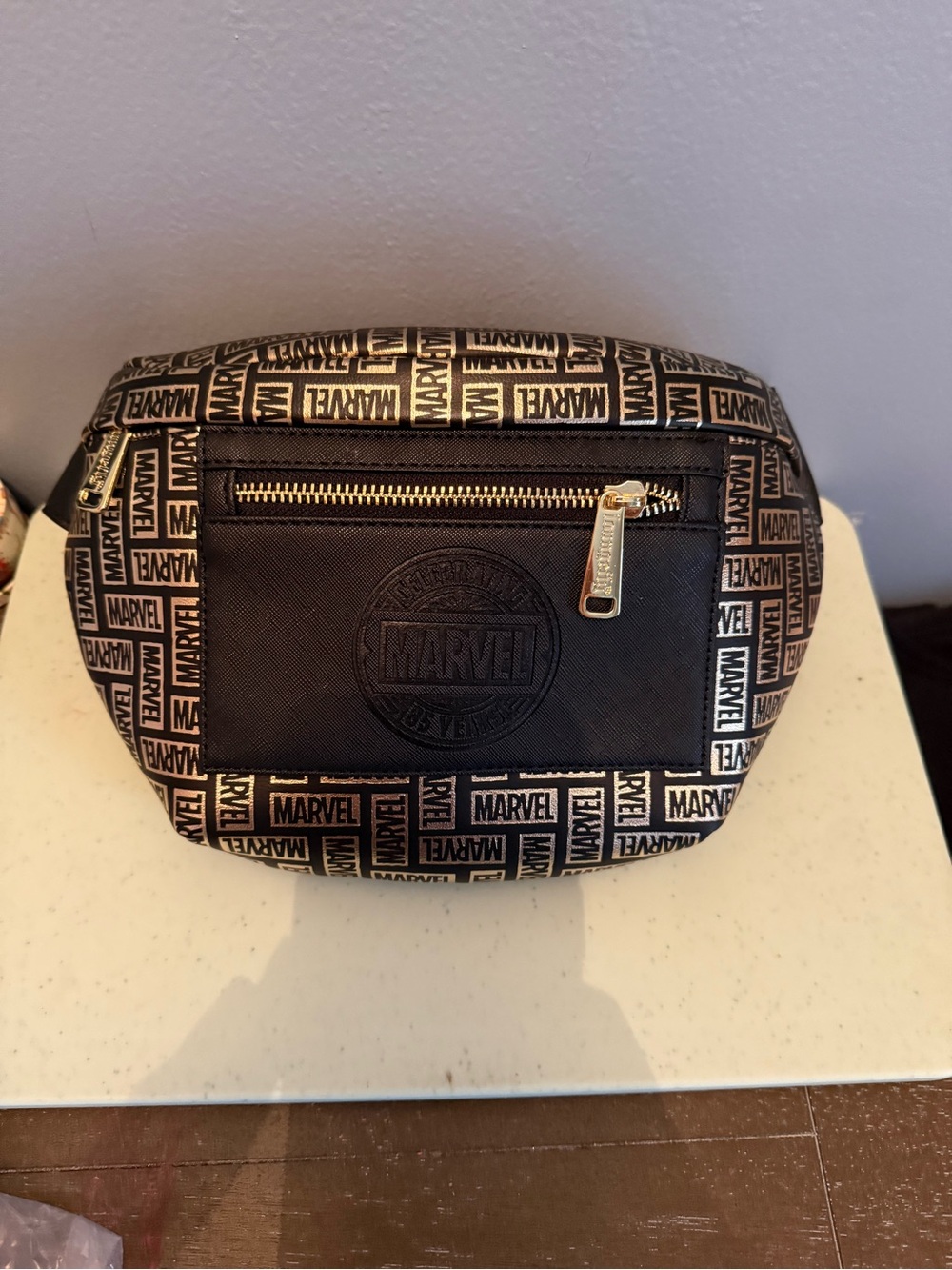 Loungefly Black and Gold Marvel Logo Belt Bag